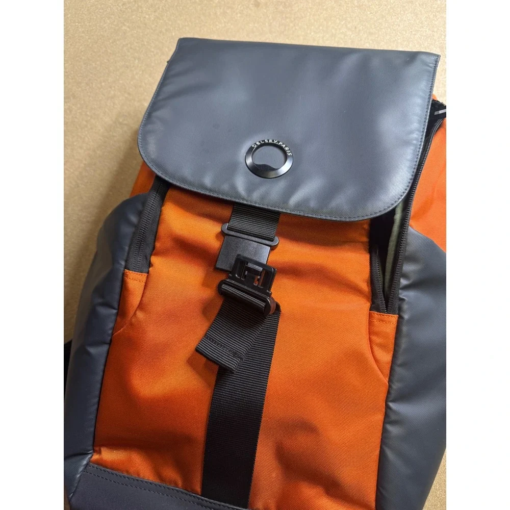 Delsey Orange Gray Tech Backpack Water Resistant Laptop Travel School‎ Bag FLAW.